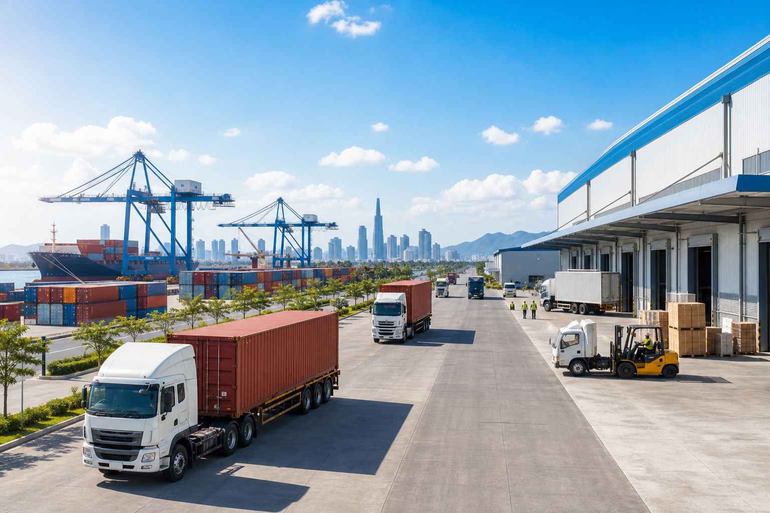Lợi thế logistics Việt Nam với xe container, kho bãi và cần cẩu cảng